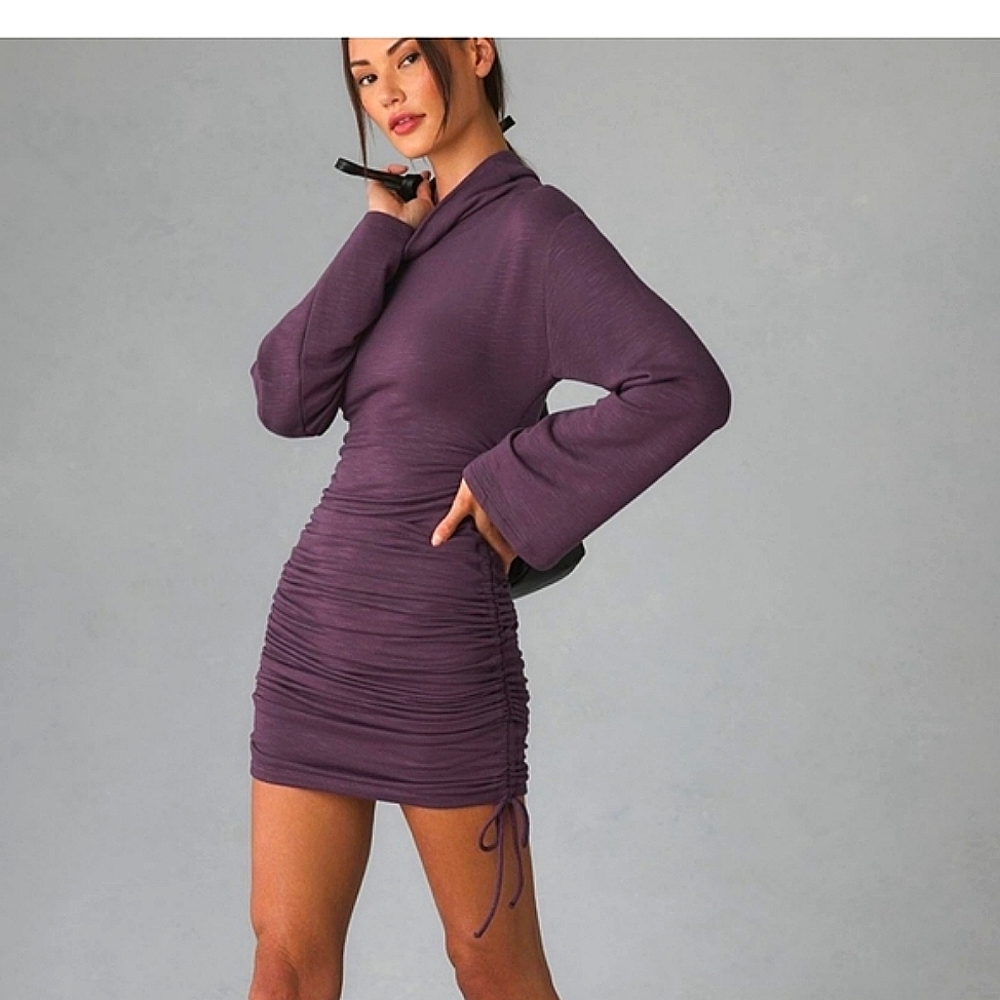Antropologie Daily Practice Fall Ruched purple Mini Dress long sleeves Small